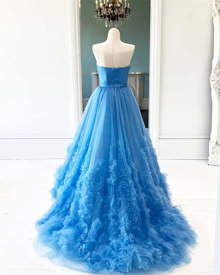 2019 платья выпускного вечера с оборками Ballgown без бретелек красные, синие многослойное длинная юбка в пол из тюля вечерние платья