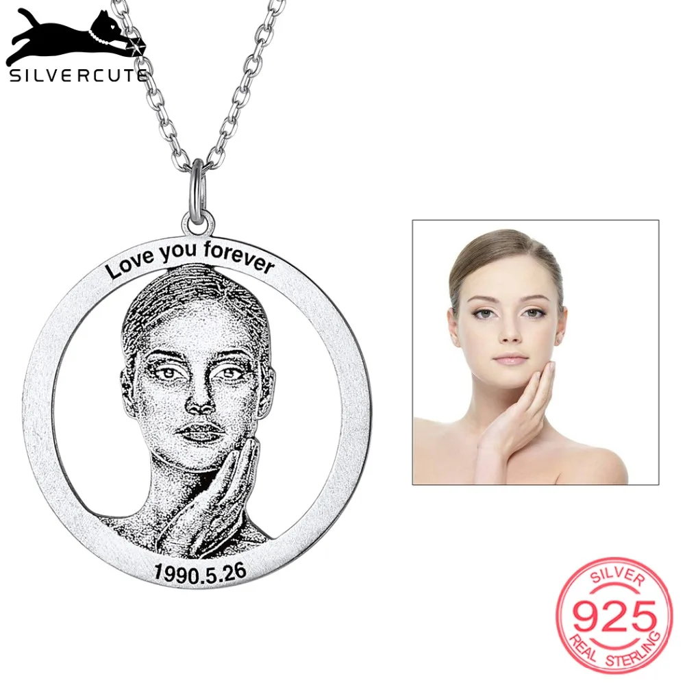 

SILVERCUTE 925 Sterling Silver Customized Photo Necklace Personalized Name Engraved Round Circle Pendant Unisex Jewelry SCIP6476
