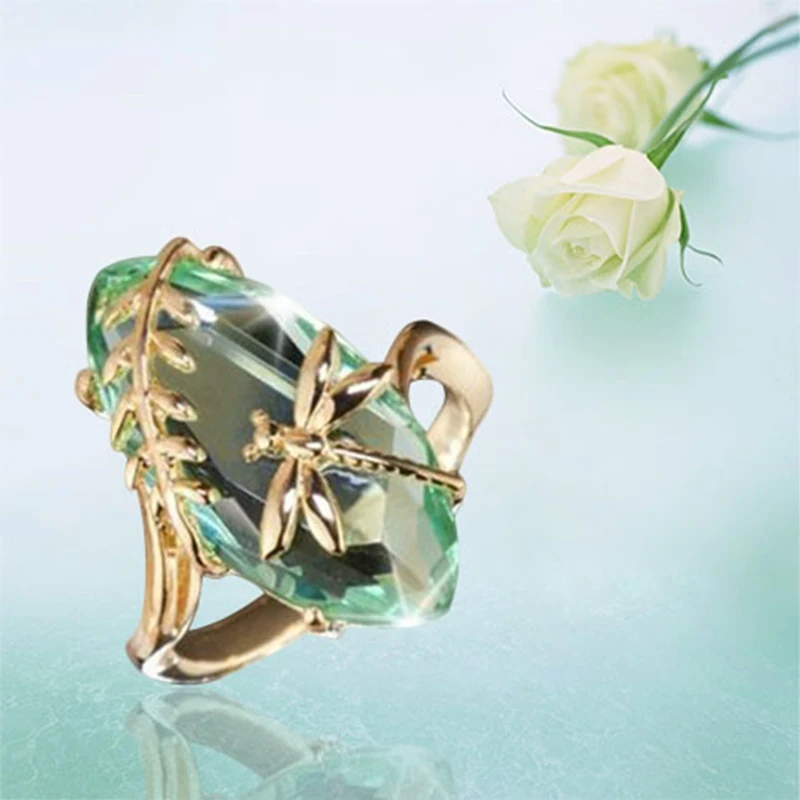 Ретро зеленый камень цвета золота кольцо со стрекозой для женщин девушки юбилей подарок на день рождения Винтажные Ювелирные изделия блестящие кольца