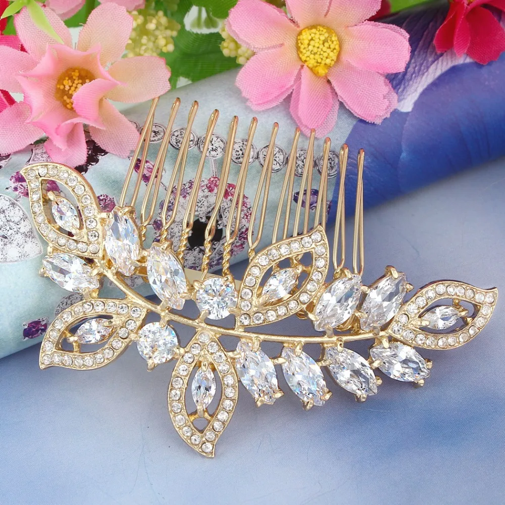 

Tuliper Luxury Leaf Bridal Hair Comb Headpiece Cubic Zircon Austrian Crystal Wedding Comb Accessories For Party Jewelry
