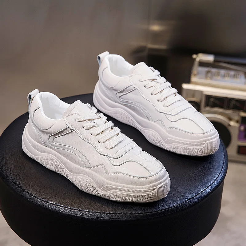

Genuine Leather White Sneakers Women Walking Shoes Fashion Platform Casual Sneaker Lace-up Cowhide Flats Woman Hiking shoe