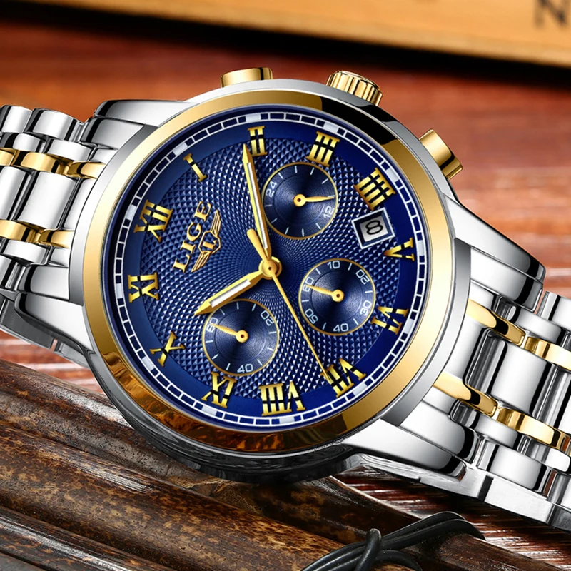 LIGE Men's Watches Fashion Brand Chronograph Quartz Watch Men All Steel Strap Military Sport Wrist Watch Gold Relogio Masculino