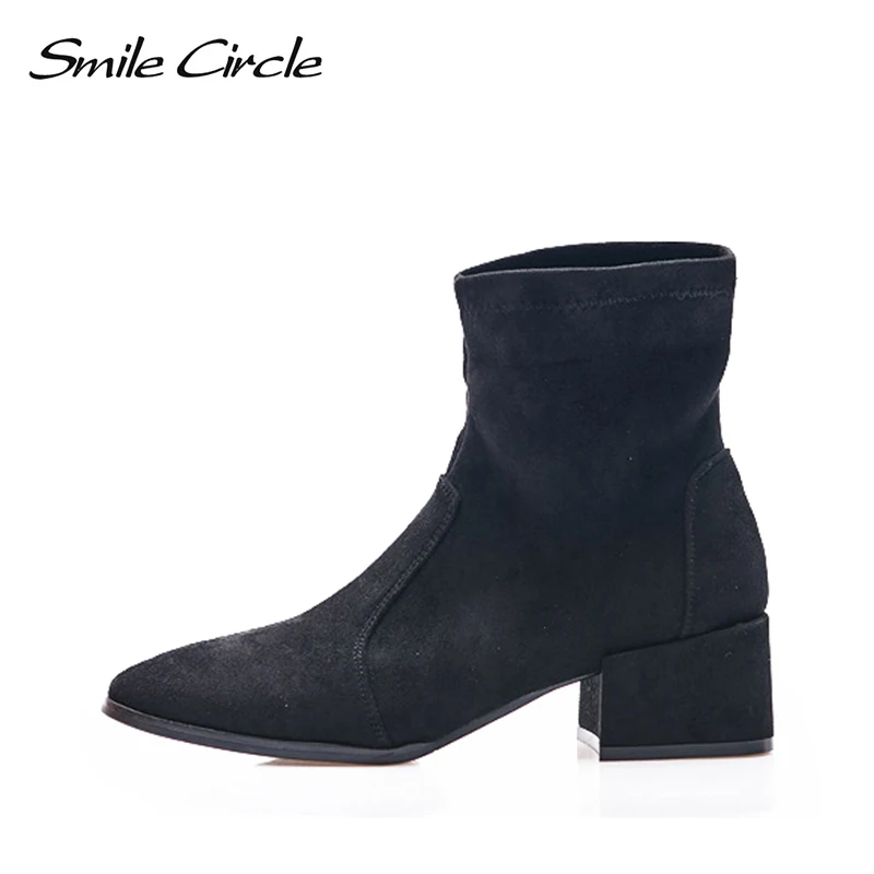 

Smile Circle women Suede Sock boots Elasticity 2018 Autumn High-quality Woman Round Toe Booties black Brown gray Ladies Shoes