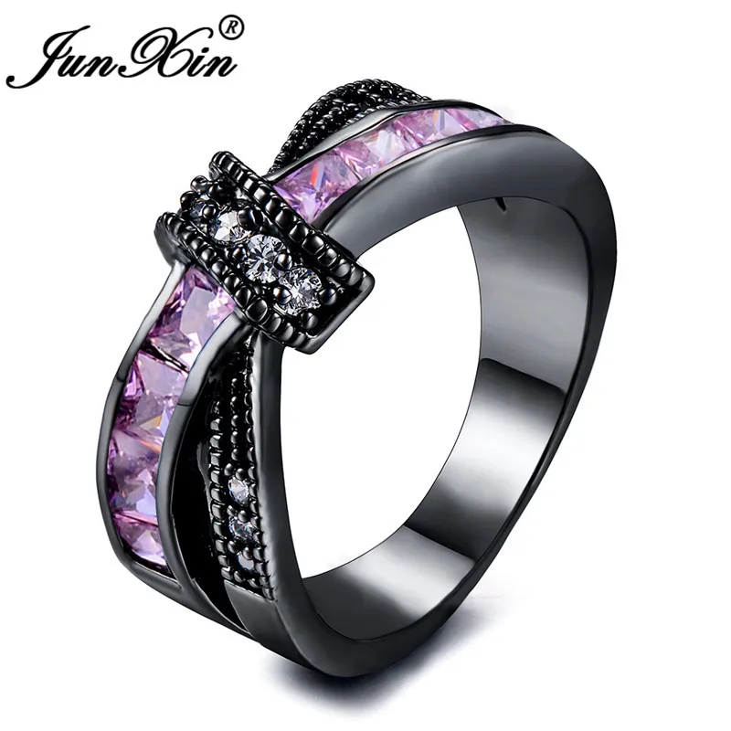 

JUNXIN Princess Cut Pink Stone Crossed Rings For Women Black Gold Filled Square Birthstone Ring CZ Wedding Jewelry Accessories
