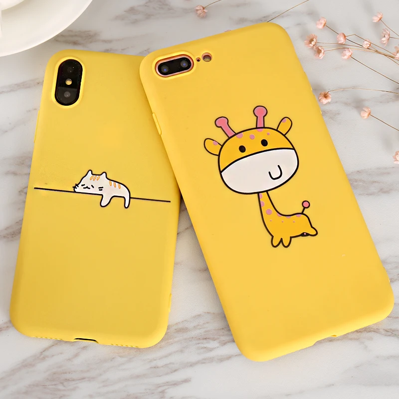 Cute Cartoon Giraffe kitten Yellow Case for iPhone X XR XS Max 5 5S SE 6 6S 7 8 Plus Cover Coque