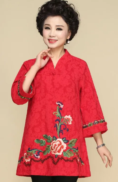 Китайская национальная льняная одежда рубашка блузка плюс размер Тан костюм Ретро Вышивка Китайский традиционный ченсам Топы для женщин - Цвет: Красный