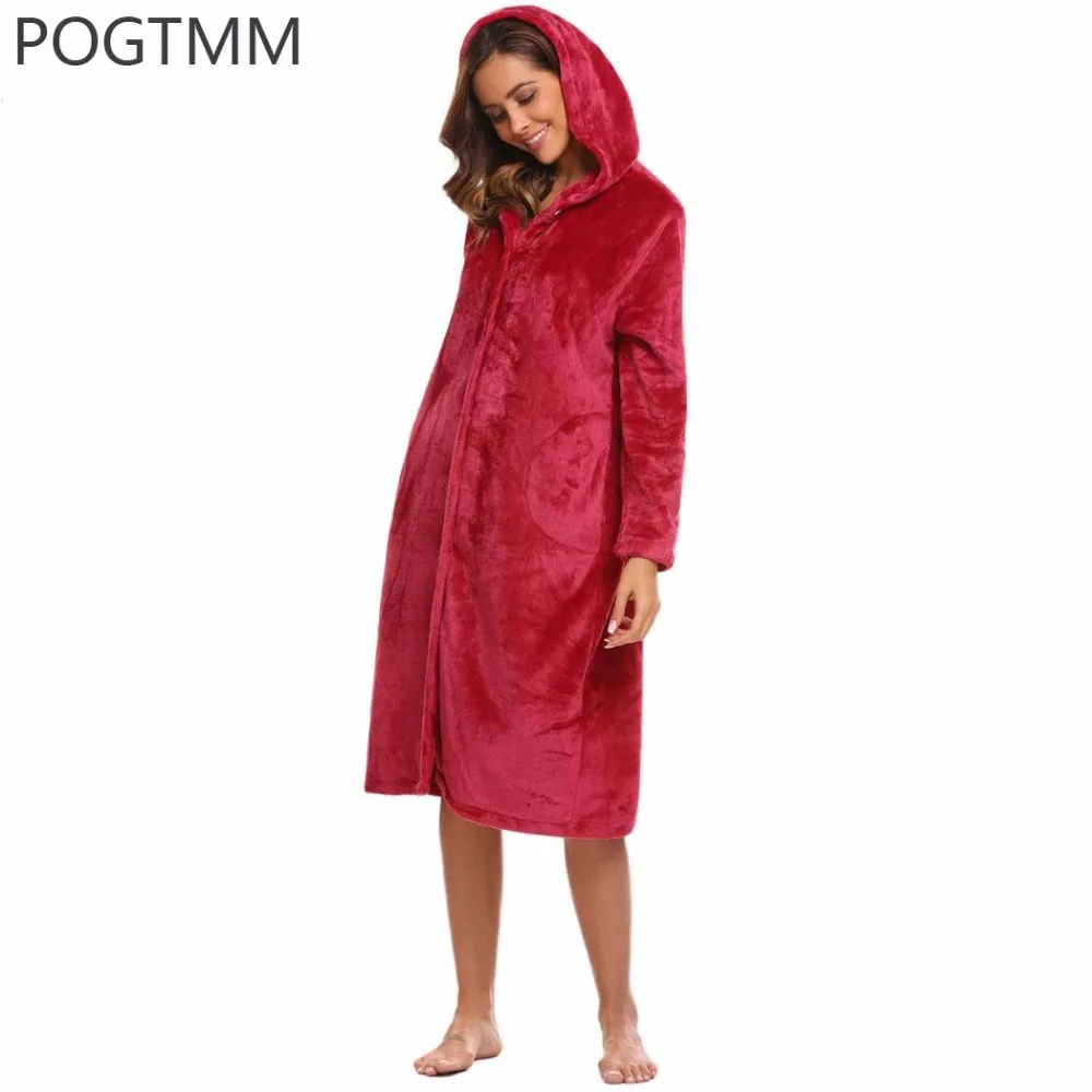 Winter Warm Flannel Dressing Gown Women Full Sleeve Hooded Bathrobe