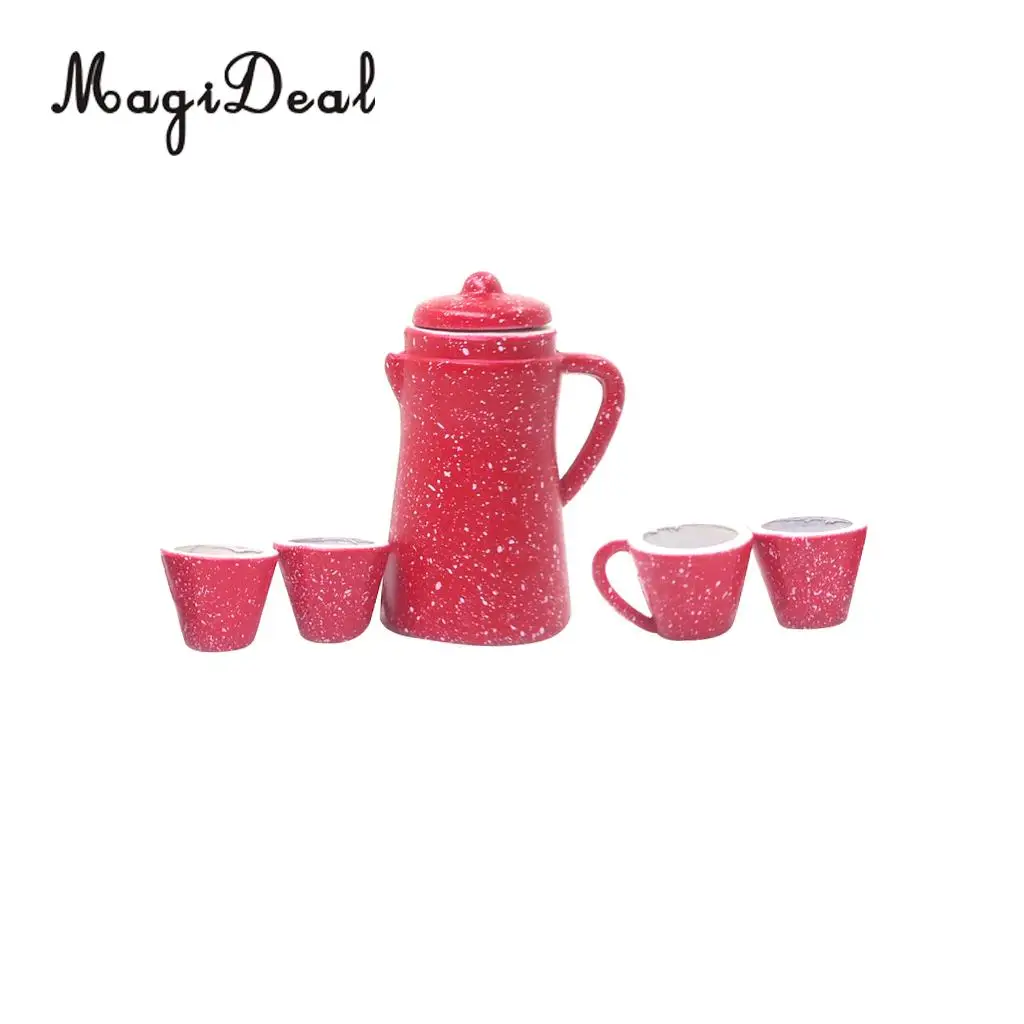 5Pcs/Set 1:12 Dollhouse Miniature Red Porcelain Pot Kettle Cups Coffee Tea Milk Set Restaurant Kitchen Tabel Decor Model Toy