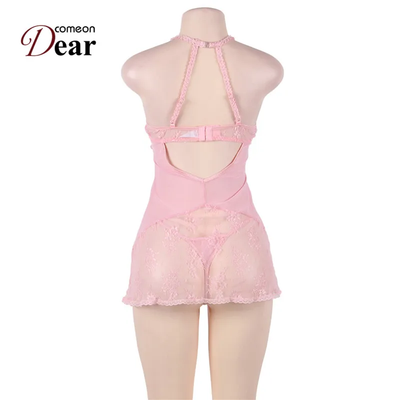 Comeondear Babydoll ночная рубашка с розовым кружевом и прозрачной лямкой на шее, сексуальная женская одежда размера плюс, женское нижнее белье, ночная рубашка RJ80464