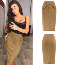 Летняя элегантная эластичная юбка-карандаш с высокой талией до колена, Женская офисная юбка с разрезом, Женская облегающая юбка на пуговицах