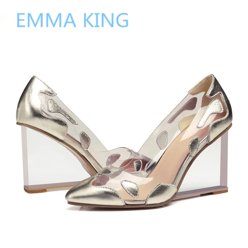 

PVC Transparent Women Wedges Pumps Shoes Pointed Toe Shallow Clear High Heel Ladies Party Wedding Shoes Woman Slip On Dress Pump