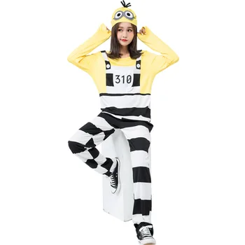 

New Design Halloween Yellow White Cos Serving Striped Cartoon Image Character Playing Service Fake Two Pieces Conjoined Costume
