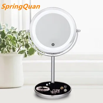 

SpringQuan 7 inch Touch switch light-dimmer mirror metal desktop makeup mirror 5X magnifying battery LED 2-Face cosmetic mirror