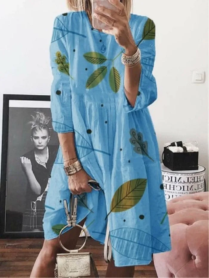 

Womens Sexy Print Dress Fashion Loose Dress Ladies O Neck Casual Party Dresses Plus Size summer 3/4 Sleeve Beach dresses