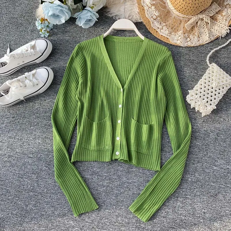 

Women Cardigan Autumn Spring Striped Shirt V-neck Pocket Long Sleeve Solid Casual European Woman Sweater Female Tops Avocado Gre