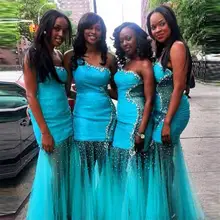 2017 Long Blue Bridesmaid Dresses One Shoulder Sleeve Crystals Sheer See Through Mermaid Floor-Length Robe Demoiselle Honneur