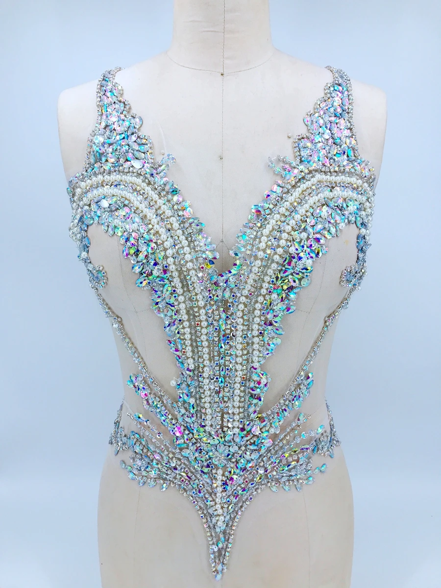 handmade sew on clear AB colour rhinestones applique on mesh crystals