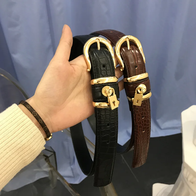 

Women Vintage Crocodile Pattern Vacuum Plating Buckle Lock Belts Jeans Dress Split Leather Belt Black Brown Jc3201