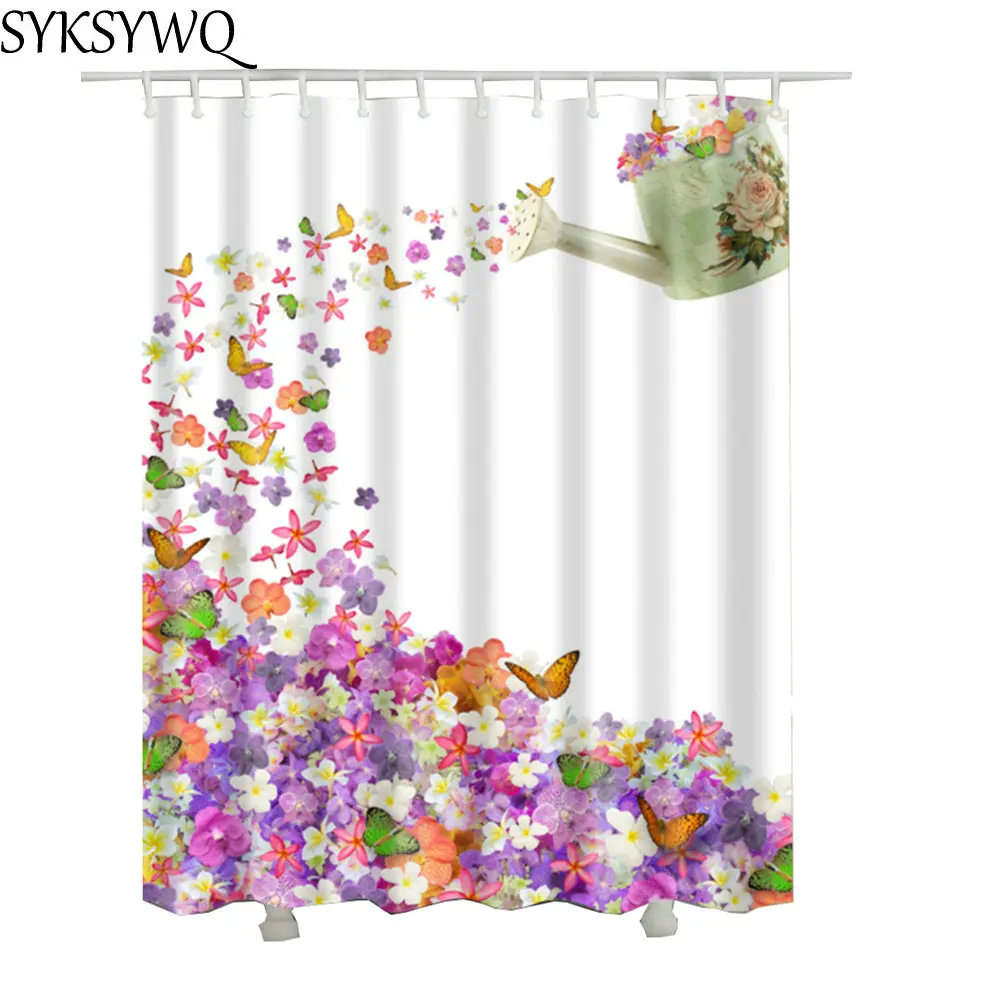 flower Watering can shower curtain fabric butterfly printed polyester