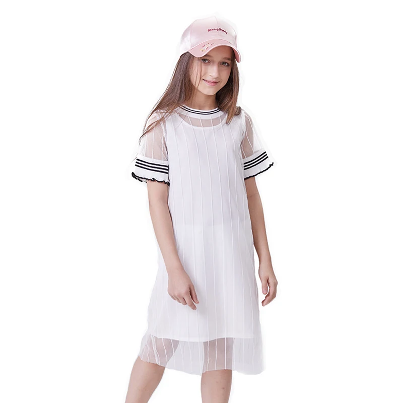 

Kids Dresses for Girls Summer 10 to 12 years White Mesh Dress 2pcs Fashion Sport Dress Teenage Girl Clothing 2019 Wholesale