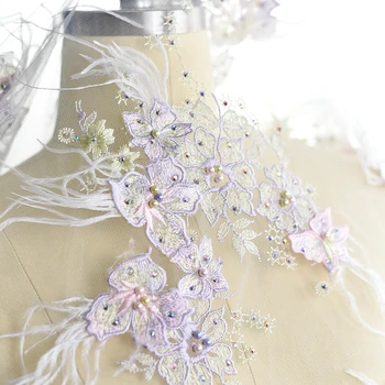 

Luxurious feather nail bead embroidery lace fabric fabric handmade DIY 3D stereo flower clothing accessories