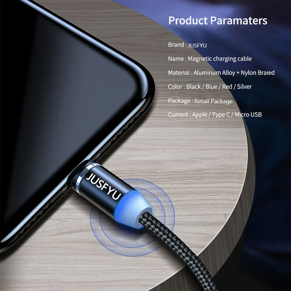 360 СВЕТОДИОДНЫЙ Магнитный зарядный кабель для iPhone XR XS MAX X 8 7 6 6S Plus, магнитное зарядное устройство для мобильного телефона, кабель Micro USB type-C