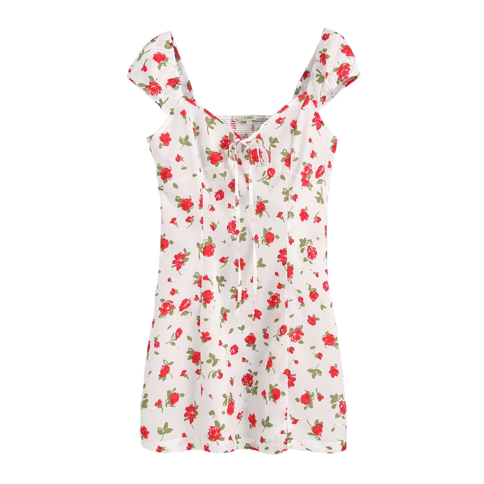 

Women Summer Floral Print Mini Dress 2019 Short Sleeve Elastic Bust V-Neck Dresses Female Elegant Slim Sweet Dress