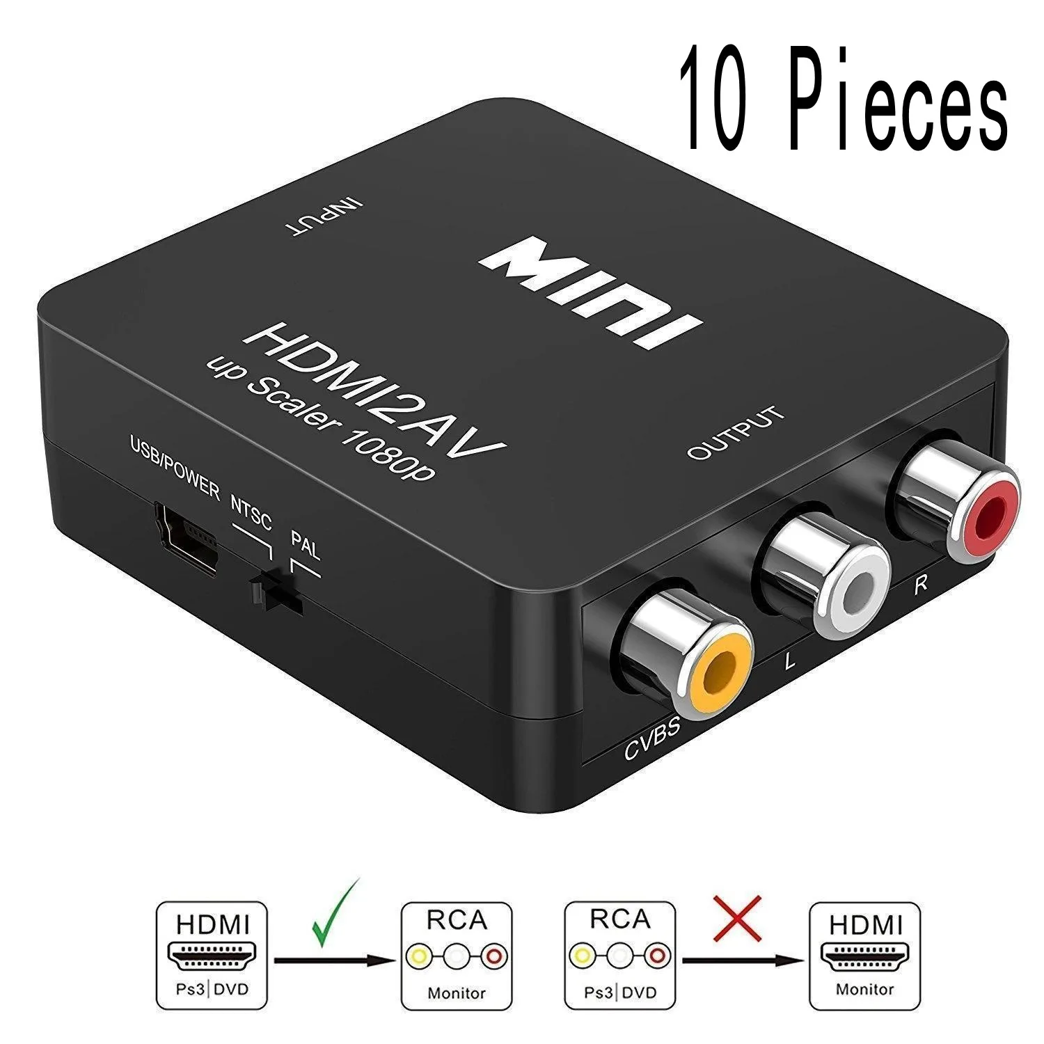 

10 pcs high quality HDMI CVBS to HDMI Adapter MiniAV to HDMI Video Converter Box AV2HDMI RCA AV for HDTV TV PS4 PC DVD Xbox