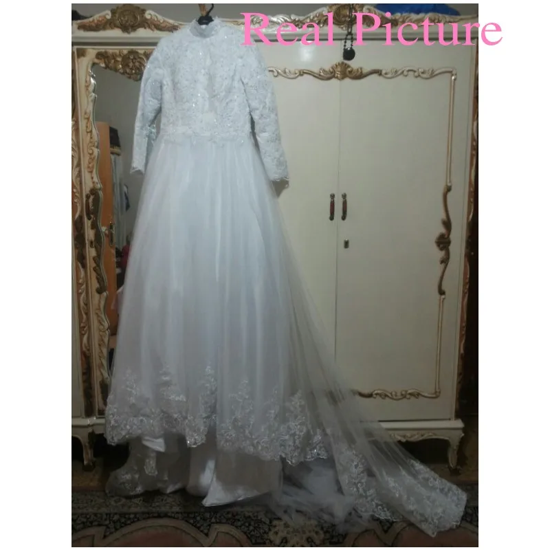 Arabic Muslim Beautiful Long Sleeve font b Hijab b font Wedding Dress with Veil Lace Applique