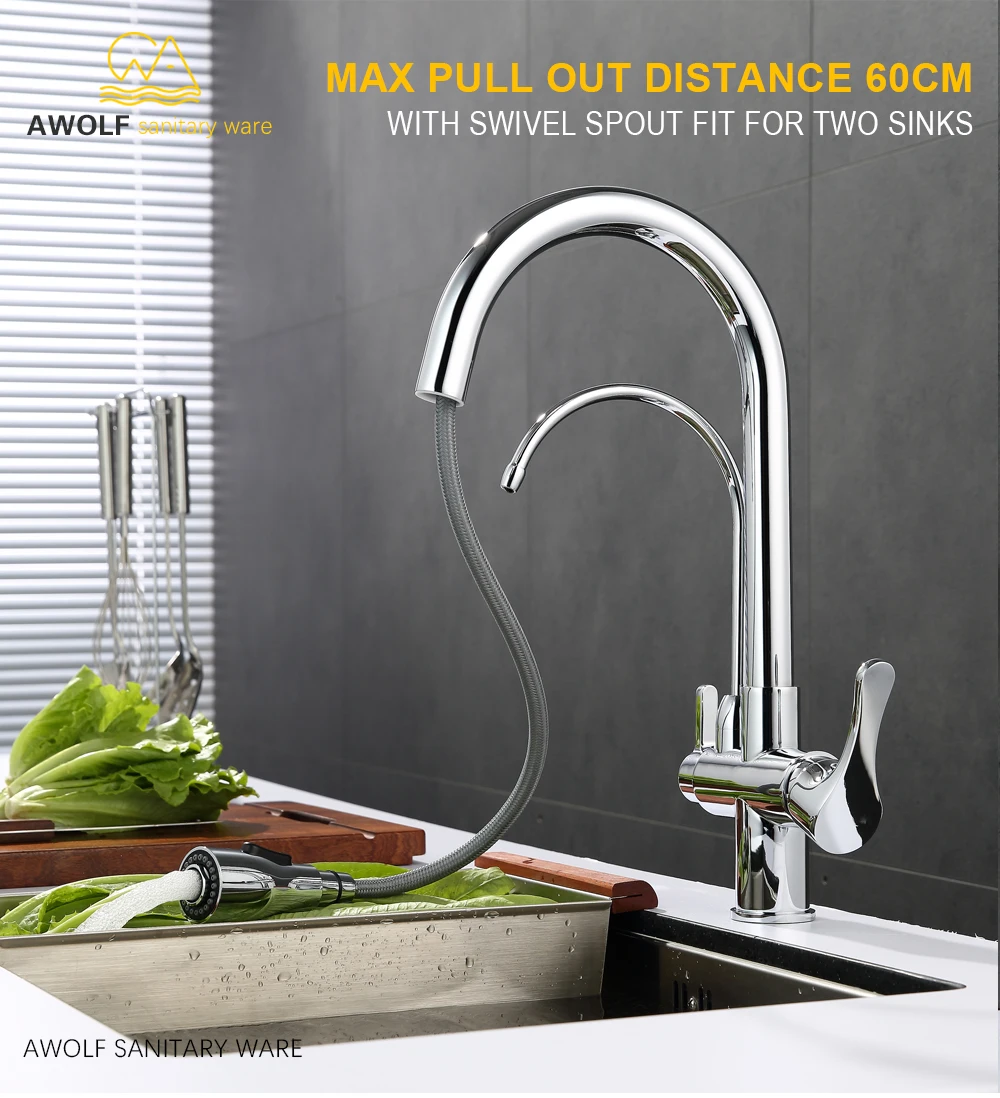 Kitchen Sink Mixer Hot&Cold Taps Stainless Steel 360º Swivel Spout Dual Lever 