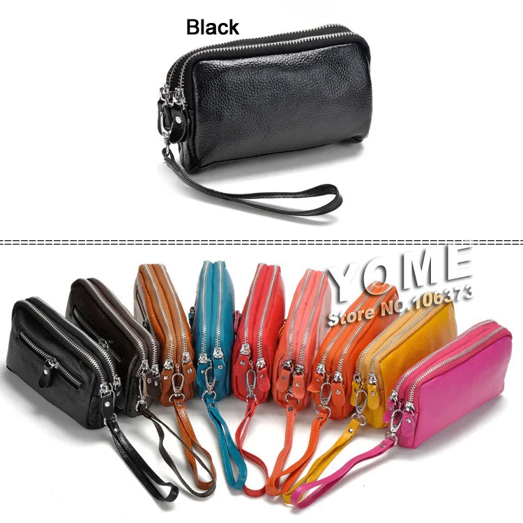 Genuine Leather Women Coin Purse Double Zipper Mobile Bag Lady Clutch Wristlet Bags, easy for carry clutches, Wholesale