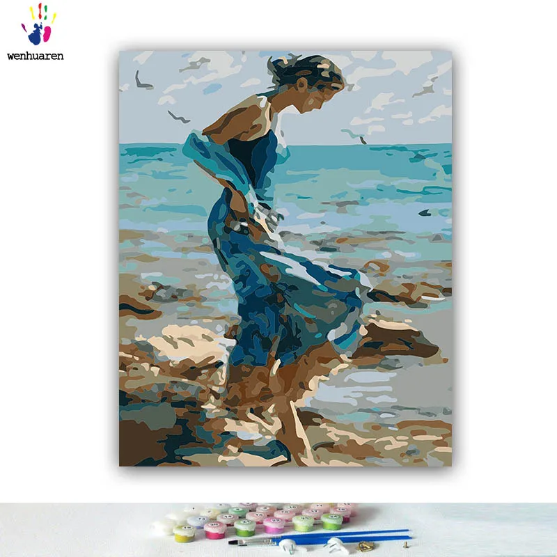 

DIY Coloring paint by numbers Girl having fun with sea water paintings by numbers with kits 40x50 framed