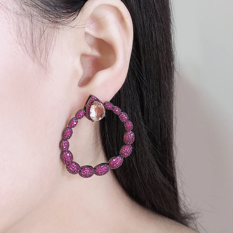 

2019 New Trendy Copper Colorful AAA Cubic Zirconia Round Geometric Trendy Dangle Earrings Women Earrings Free Drop Shipping