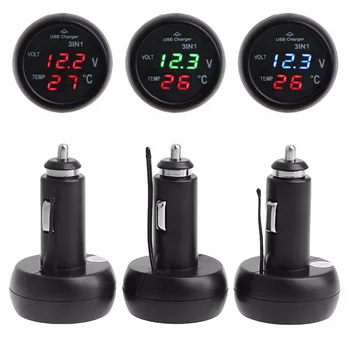 

3in1 Auto Digital LED Thermometer USB Car Charger Cigarette Voltmeter Meter 12V/24V