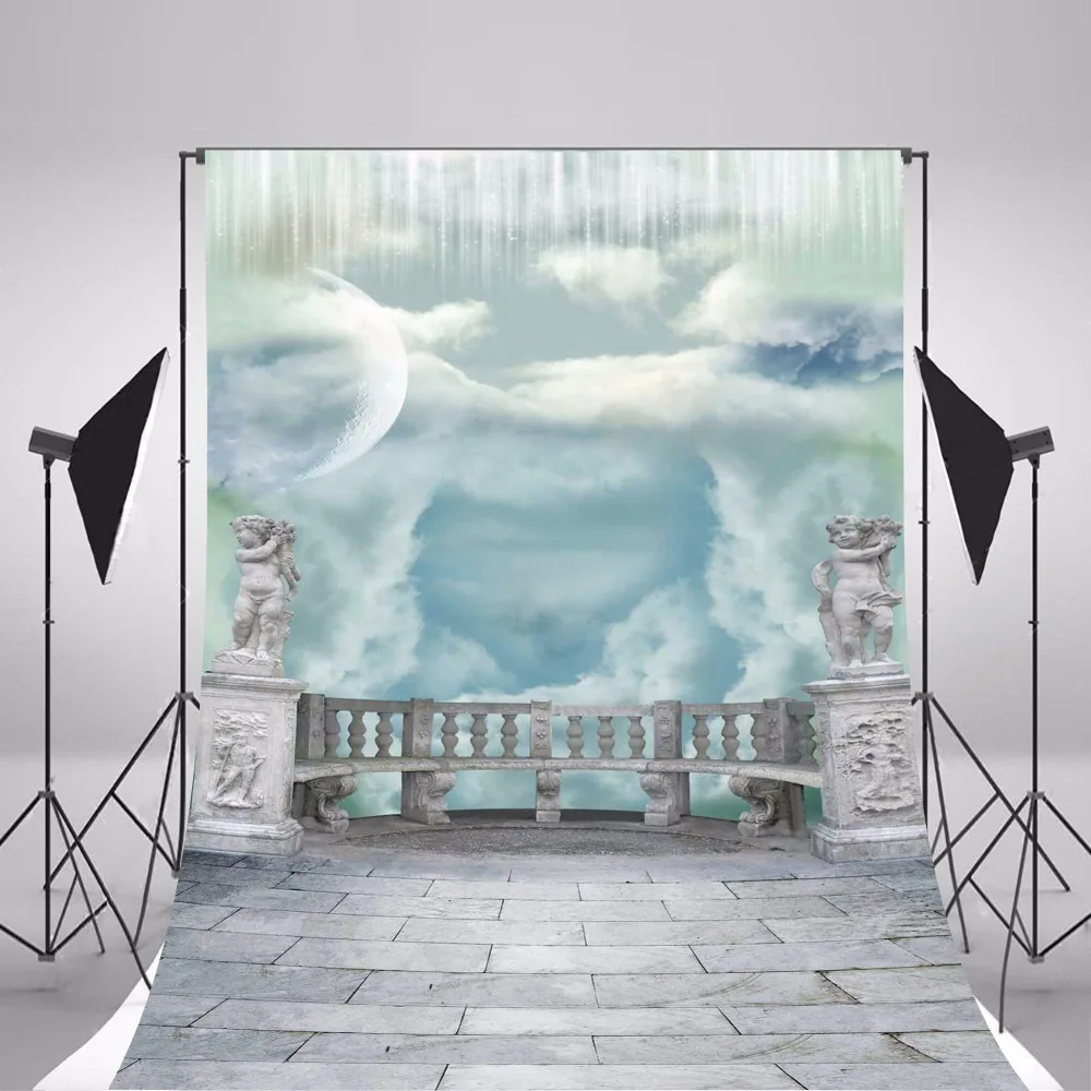 Фотофон 200x300 см белый кирпичный пол светильник-голубая и белая стена Свадебный