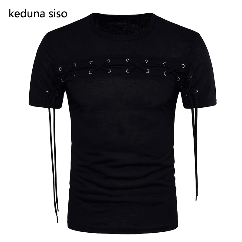 

2018 New Arrival Hip Hop Men t shirt Bandage Straps Design Solid Black t-shirt Men tee shirt homme camisa masculina