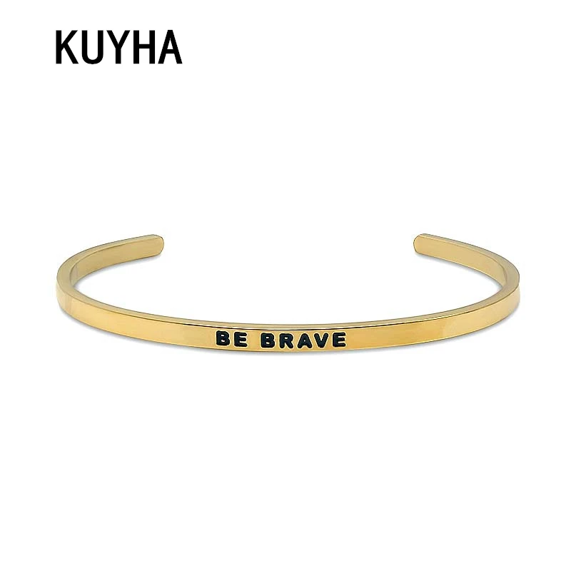 

Stainless Steel Engraved Bangle Gold Charms Be Brave Positive Inspirational Hand Cuff Bracelet For Women Men Jewelry Present