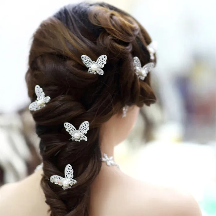 

New 6 Pcs Lot Silver Butterfly With Faux Pearl U Hairpin Hair Sticks Wedding Bridal Bridesmaid Hair Jewelry PD066