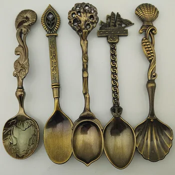 

5pcs/lot Spoons Vintage Zinc Alloy Tea Coffee Ice Cream Dessert Spoon Flatware Sets For Snacks Kitchen Tableware KV 041