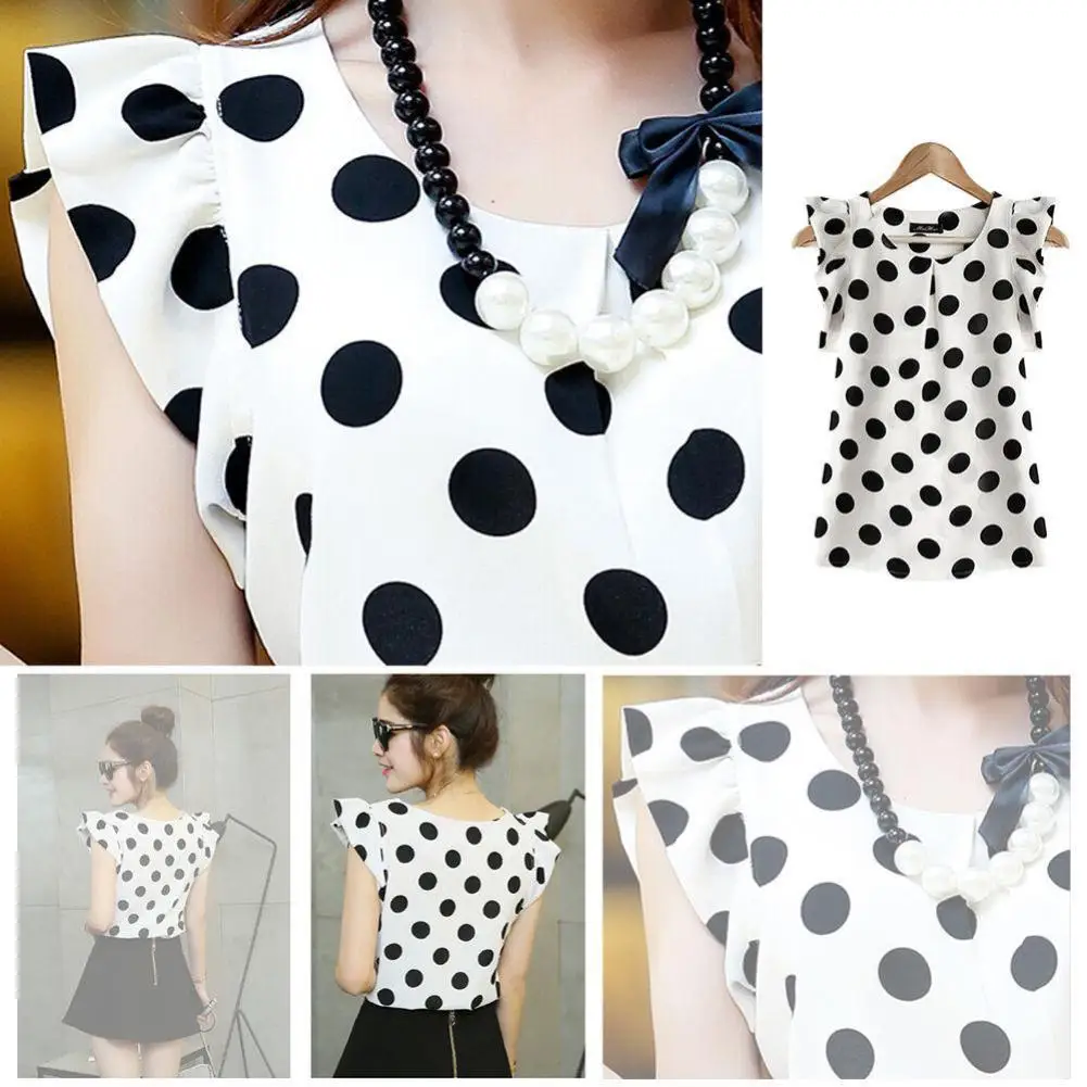 

Hot Sale Fashion Classical Wave Point Black Chiffon Falbala Big Yards Blouses White Shirts blusas tops Women
