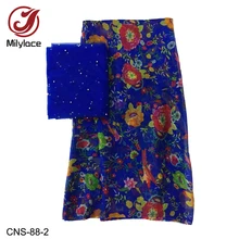 Натуральный шелк ткань с цветочным принтом шифон 5 ярдов+ африканский тюль кружевная ткань 2 ярдов для женских платьев CNS-88