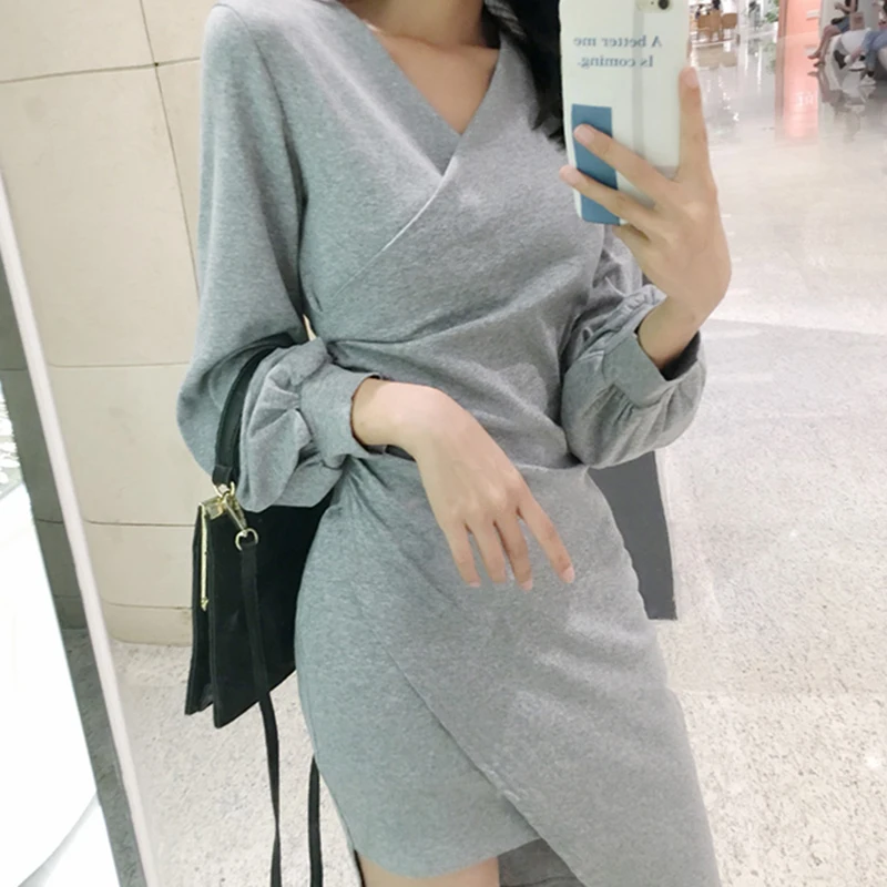 

Women Korean Solid Mini V-Neck Dress Lantern Sleeve A-Line Party Dress Autumn Office Lady Empire Vestidos Cute Clothing