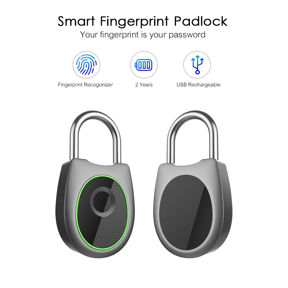

Fingerprint Lock Smart Keyless Lock FingerMark Rechargeable IP65 Waterproof Anti-Theft Security Padlock Door Luggage Case Lock