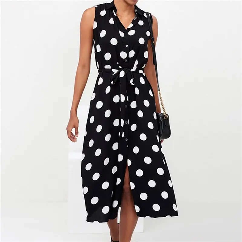 

Sisjuly Polka Dot Shirt Dress Women Sleeveless Vintage Casual Office Sexy Split Elegant Black Summer Chiffon Retro Dresses