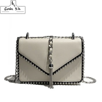 

British Fashion Simple Small Square bag Women's Designer Handbag 2020 High-quality PU leather Rivet Tassel Chain Shoulder bags
