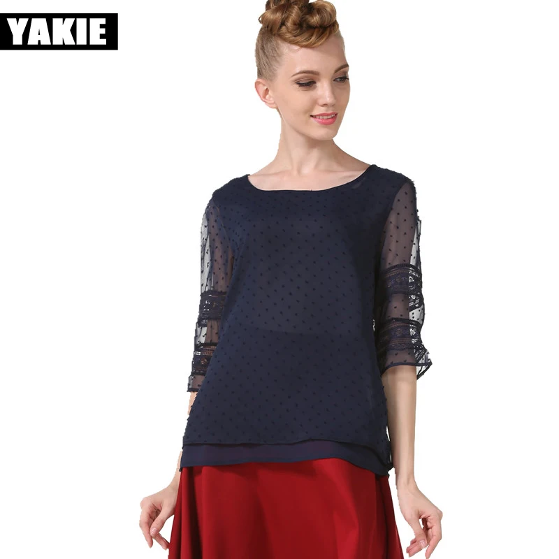 Шифоновая Блузка рубашка женские блузки 2017 летние ажурные повседневные