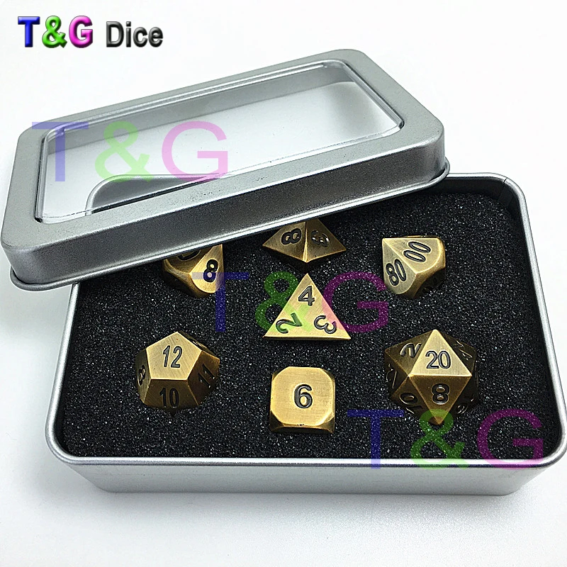 

TOP Quality NEW Bronze Metal 7 Dice set d4 d6 d8 d10 d% d12 d20 Board Game dungeons and dragons jouet RPG Digital Dice with Box