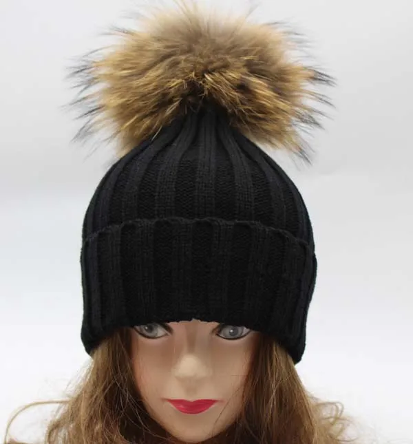 FURANDOWN, большой 18 см, натуральный мех, помпон, зимняя шапка, осенняя женская шапка, одноцветная, вязаная, Skullies, бини для женщин - Цвет: 18cm  black