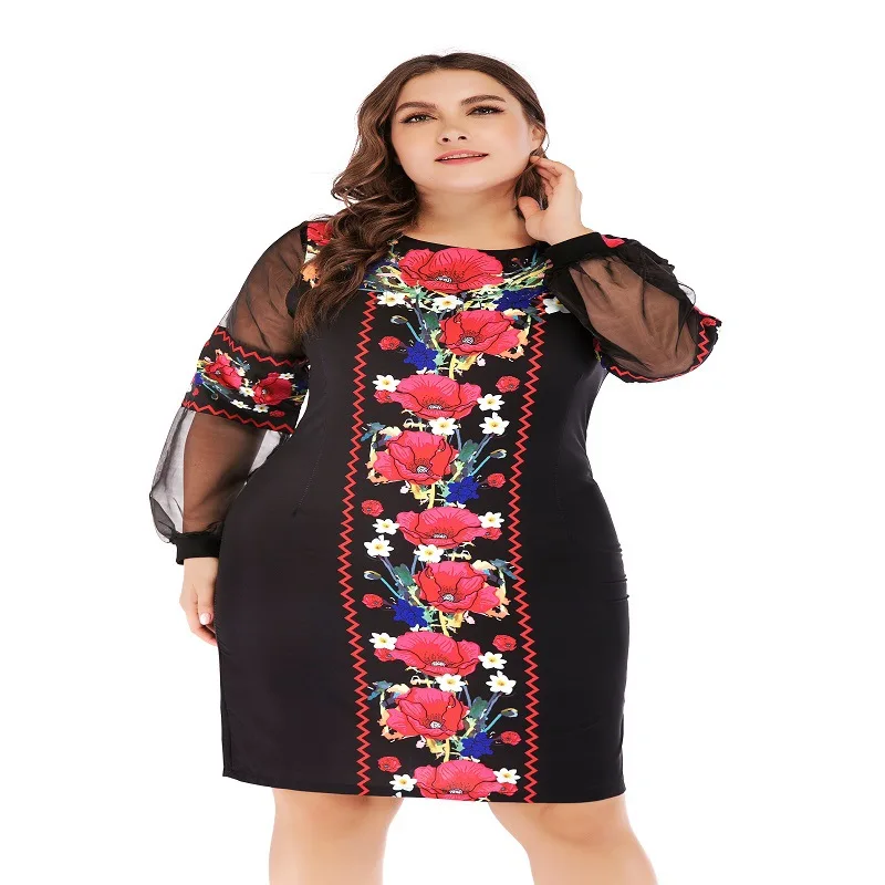 

Print Dresses Lantern Sleeve Elegant Bodycon Dress Sweet O-Neck Spring Party Dress Women Plus Size XL XXL XXXL 4XL 5XL 6XL