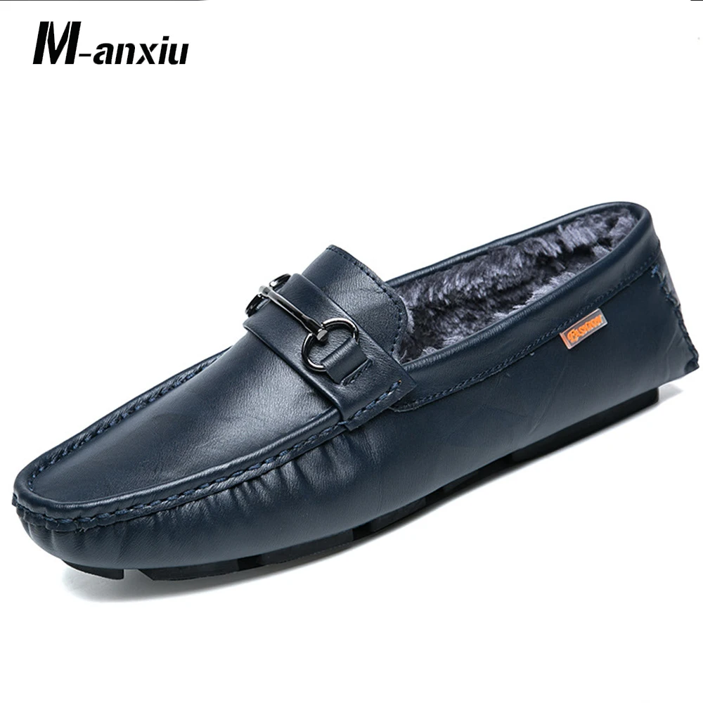

M-anxiu Comfortable Warm Keeping Velvet Lining Leather Casual Shoes Flat Bottom Loafers Men's Driving Shoes 1